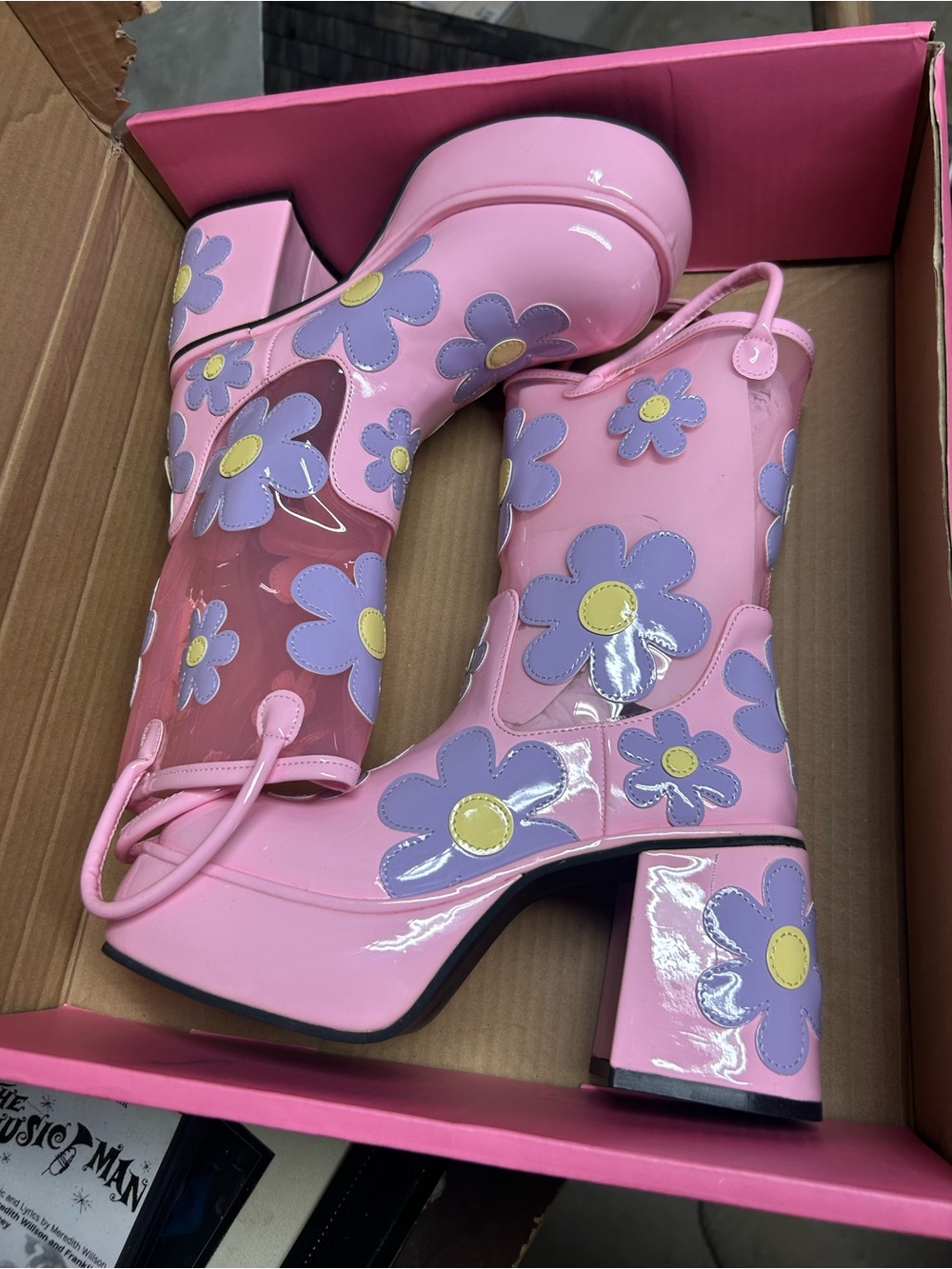 Sugar Thrillz Pink Patent Mid-Calf Heeled Boots with Purple & Yellow Flowers